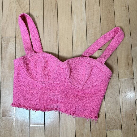 ZARA Pink Tweed Corset Bralette Cropped Top Size Small - Picture 2 of 9